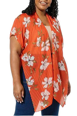 Anne Klein Women's Pleated Hibiscus Print Ruana Summer Fig